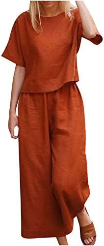 SHENGXİNY Keten Kıyafetler Kadınlar ıçin Kısa Kollu Üstleri Kırpma Pantolon Iki Parçalı Setleri Bayanlar Yaz Kıyafeti