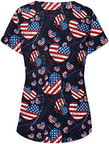 4th Temmuz Gömlek Kadınlar için Amerikan Bayrağı Yaz Kısa Kollu V Boyun Tees 2 Cepler Bluz Üst Tatil Rahat İş Giysisi