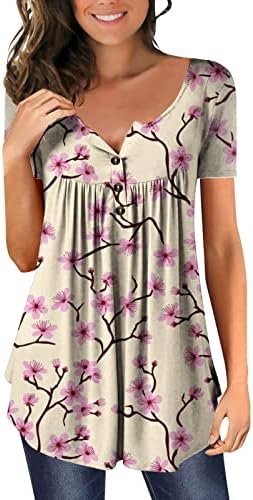 Retro Desen Tunik Üst Kadınlar için Gizlemek karın T-Shirt Gevşek Fit Yaz Rahat Kısa Kollu Düğme V Boyun Bluz Üst
