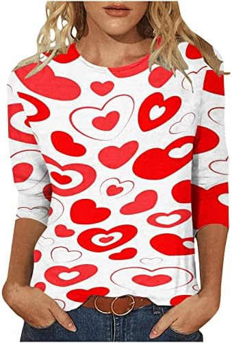 3/4 Kollu Üstleri Bayan Moda Kalp Grafik Kazak Gömlek sevgililer Baskı Tunik Bluz Casual Gevşek Tee Gömlek