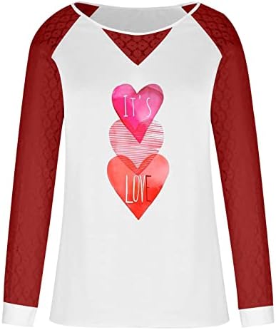 Seni seviyorum Kalp grafikli tişört kadın Uzun Kollu Üstleri Dantel Patchwork Tunik Tees Dışarı Çıkmak Sevimli Sevgililer