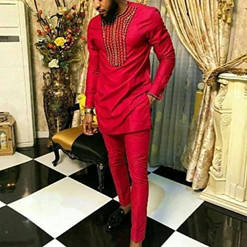 Erkek Afrika 2 Parça Set Dashiki Takım Elbise Kıyafetler Geleneksel Uzun Kollu Nakış Üst Gömlek ve Pantolon Slim Fit
