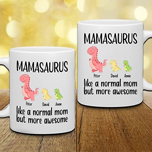 WHİDOBE Kişiselleştirilmiş MAMASAURUS Kupa (2 Çocuk) Özel 11oz, Dinozor Avatarlı 15oz Kupa, İsimler - Kızından Anne