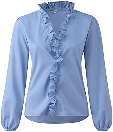 Fırfır V Yaka Uzun Kollu Gömlek Kadın Artı Boyutu Rahat Şık Düz Bayanlar Bluz Bahar Sonbahar T Shirt Tops