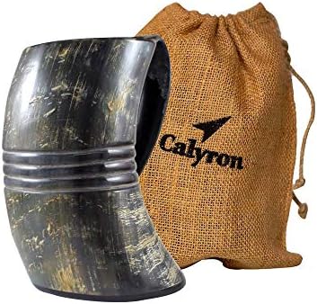 Calyron Hakiki Viking 6 İnç Tasarlanmış Kazınmış bira kupası Mead El Yapımı Valhalla Içme Öküz Fincan Boynuz Kupalar