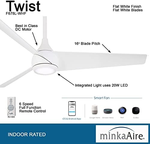MİNKA-AİRE F678L-WHF Twist 52 LED Işıklı ve Uzaktan Kumandalı Tavan Vantilatörü, Düz Beyaz