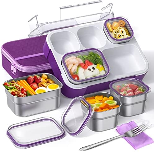TİME4DEALS Paslanmaz Çelik Çocuklar Bento Öğle Yemeği Kutusu 5 Bölmeli Öğle Yemeği Çantası ile Mor ve Anında Kar Tozu