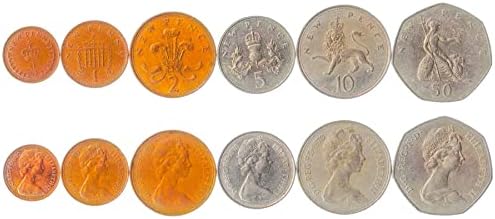 6 Paraları Birleşik Krallık / İngiliz Sikke Seti Koleksiyonu 1/2 1 2 5 10 50 Yeni Pence / Sirküle 1968-1981 / Elizabeth