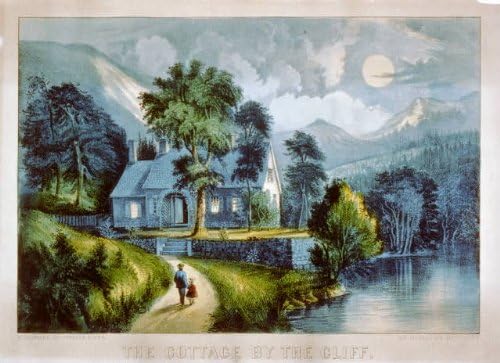 HistoricalFindings Fotoğraf: Uçurumun Kenarındaki Kır Evi, 1856-1907, Currier & Ives Fotoğrafı, Ay Işığı, Dağlar