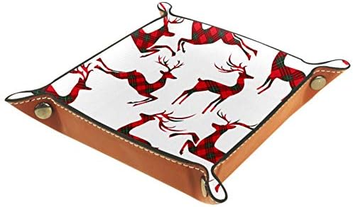Lyetny Noel Kırmızı Ekose Elk Geyik Organizatör Tepsi saklama kutusu Başucu Caddy Masaüstü Tepsi Değişim Anahtar Cüzdan