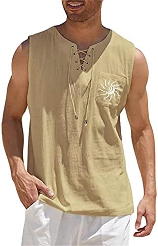XXBR Erkek Pamuk Keten Kolsuz Gömlek İpli V Boyun Grafik Baskı Tankı Üstleri Rahat Fit Plaj Hippi Rahat Yelek