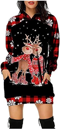 Kadın Hoodies Elbise Elk Baskı Uzun Kollu Kapüşonlu Sweatshirt Elbiseler Noel Rahat Ekose Patchwork Kazak Elbise