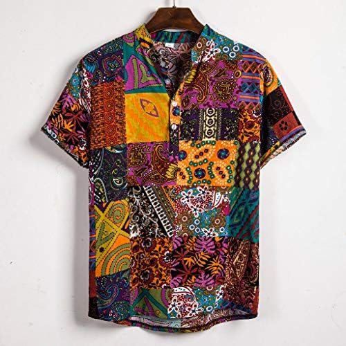 Elbise Gömlek Erkekler için Kısa Etnik Bluz Kollu Pamuklu Rahat Erkek Gömlek Baskı erkek Bluz