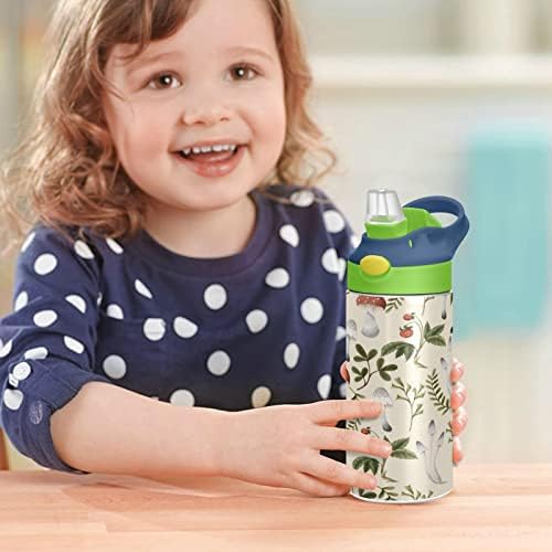 Kigai Mantar Desen Çocuklar Su Şişesi ile Saman Kapak, BPA Ücretsiz, 12 oz Paslanmaz Çelik Vakum Yalıtımlı Sızdırmaz