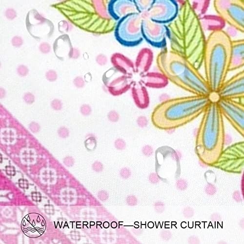 Banyo küveti Seti Pembe Polka Dot Desen Çiçek Baskı Dahil Olmak Üzere Su Geçirmez Kumaş Duş Perdesi Kanca ve Kaymaz