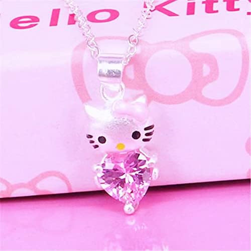 UUONLY Hello Kitty Kolye, Kalp şeklinde Kitty Kedi Kolye-Pembe Kedi Kolye Kolye, Kadınlar için Gümüş Kaplama Kristal