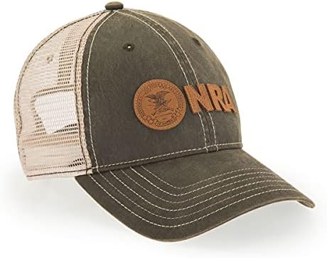 NRA Resmi Rowdy Tucker Şapka, Deri Logo, Kahverengi / Beyaz, Ayarlanabilir Sırt Askısı