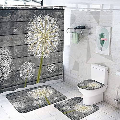 DuoBaorom 4 Adet Set Karahindiba Çiçek Duş perde seti Soyut Whish Çiçek Resim Baskı Kaymaz Kilim Tuvalet kapak Banyo