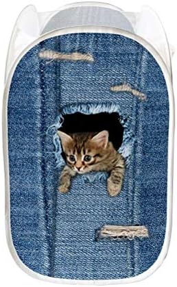 AFPANQZ Sevimli Kedi Denim Baskı Çamaşır Sepetleri Katlanabilir Pop Up Örgü Çamaşır Çamaşır Sepeti Çanta Bin Sepet