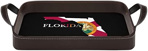 Florida Haritası Bayrağı Deri Dekoratif Tepsi Kişiselleştirilmiş Servis Tepsisi Depolama Organizatör Kolları ile Ev