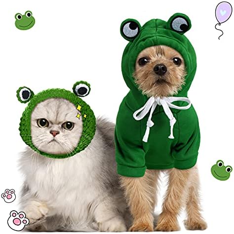 Hillban 2 Parça Pet Giyim Köpekler Kapüşonlu Sweatshirt ve Sevimli Kurbağa Şekli Pet Şapka Köpek sıcak tutan kaban