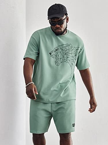 FİOXA İki Parçalı Kıyafetler Erkekler için Erkekler Aslan Baskı Tee ve Mektup Grafik Şort (Renk: Nane Yeşili, Boyut: