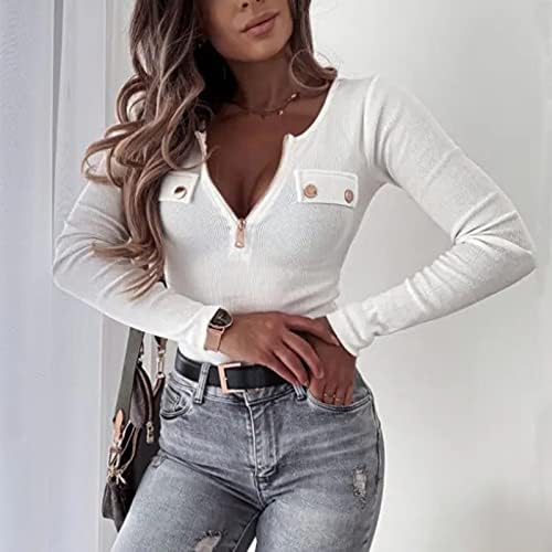 WYTong Kadınlar Casual Slim T-shirt Sokak Moda Örme Slim-fit Uzun kollu Kazak Fermuar Üst T-shirt