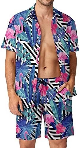 WEEDKEYCAT Flamingo ve Palmiye Yaprağı erkek Plaj Kıyafetleri 2 Parça Hawaii Düğme Aşağı Gömlek Kısa Kollu ve Şort
