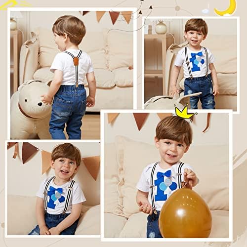 Pinleck Toddler Erkek Bebek Doğum Günü Giysileri Set Papyon Romper Jartiyer Yırtık Kot pantolon Kıyafetler