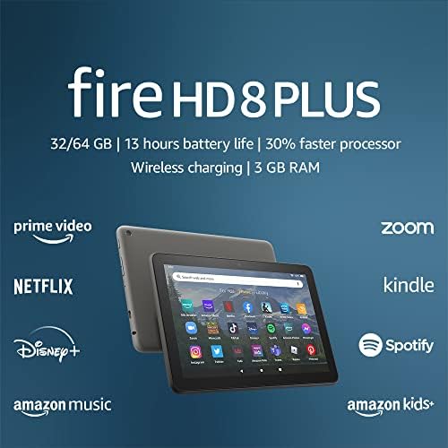 Fire HD 8 Plus tablet, 8 HD Ekran, 64 GB, %30 daha hızlı işlemci, 3 GB RAM, kablosuz şarj, (2022 sürümü), Gri, kilit