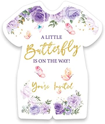 Mor Küçük Kelebek Kız Bebek Duş Parti Şekilli Davetiyeler Zarflı Kartlar 20'li Set Çiçek Suluboya Kelebekler Bebek