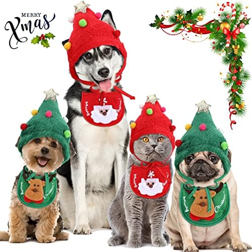 Lauwell 4 Pcs Noel Köpek Pet Kostüm Dahil 2 Noel Ağacı Şapka Küçük Köpek Başlık ve 2 Ayarlanabilir Yaka Önlüğü Santa