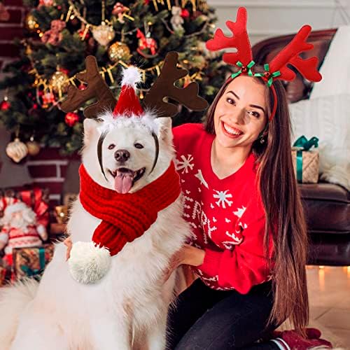 6 Adet Noel Köpek Kostüm Seti, 3 Noel Köpek Elk Ren Geyiği Boynuzları Headbands ve 3 Köpek Noel Atkı Noel Pet Köpek