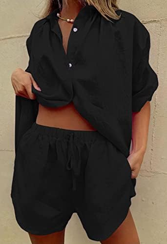 HAPCOPE kadın 2 Parça Rahat Eşofman Kıyafet Seti Yarım Kollu Gömlek ve Yüksek Belli şort takımı