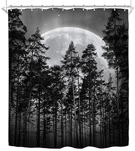 Rıyıdecor Erkekler Orman Ay Duş banyo perdesi Dekor 60 W x 72 H Gotik Koyu Siyah Doğa Yıldız Ağacı Manzara Sisli Woodland