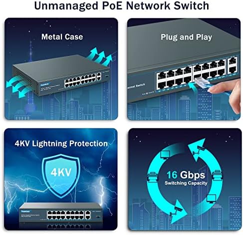 YuanLey 16 Port Gigabit PoE Anahtarı ile 2 Gigabit Uplink, 16 PoE + Port 1000 Mbps, 250 W 802.3 af/at, Metal Masaüstü