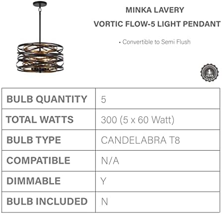 Minka Lavery Sarkıt Tavan Aydınlatması 4675-111 Vortic Flow, 5-Light 300 Watt, Koyu Bronz