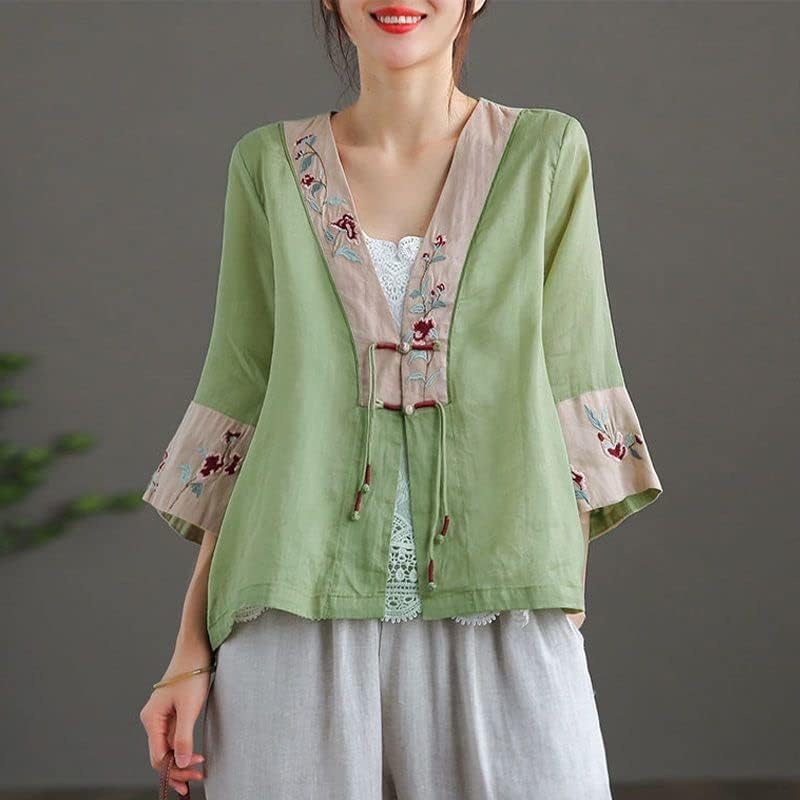 Çin Tarzı Nakış Hırka V Boyun Gömlek Ulusal Gevşek Kadın Hanfu Tang Takım Elbise Vintage Geleneksel Bluz Rahat