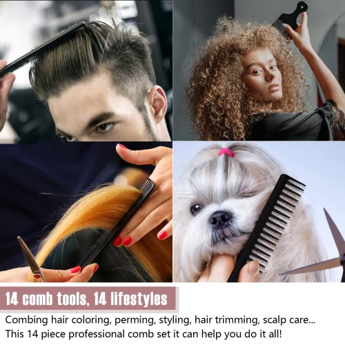 Saç stilisti için 14 ADET Tarak seti Kadınlar erkekler için profesyonel Saç Tarak seti, sıçan kuyruğu tarak şekillendirici