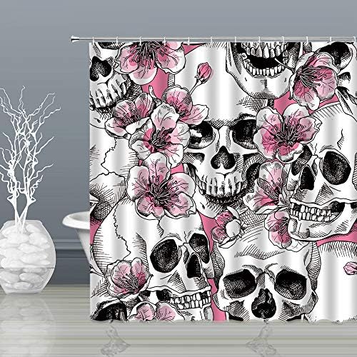 Çiçek Kafatası Duş Perdesi Şeker Kafatası İskeleti Pembe Korku Sanat Ev Dekorasyonu Çiçek Basit Siyah Beyaz Banyo