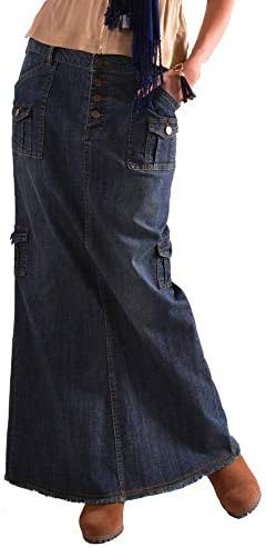 NaRHbrg Moda Uzun Denim Etekler kadınlar için Rahat Cep Ön Düğme Yıkanmış A-Line Etek Fishtail Jean Maxi Etek