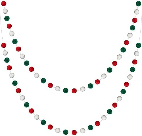 Pom Pom Çelenkler [2 x 79 inç, Kırmızı Beyaz ve Yeşil, Her Biri 30 Top] Dekor, Sınıf, Yatak Odası, Noel Süsleri ve